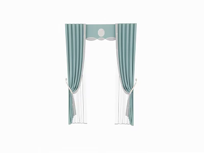 Blue Green Striped Window Curtains With Top Decoration And Tied Sides 3d model