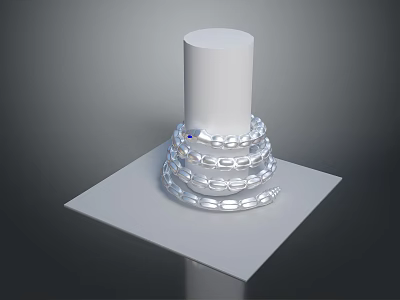 Silver Snake Coiled Around White Cylindrical Pillar On White Square Platform With Dark Background 3d model
