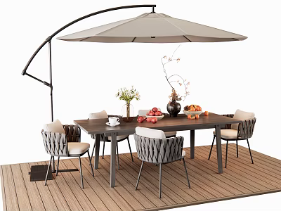 Stylish Outdoor Table with Chairs Umbrella and Wooden Deck Featuring Vase and Fruits 3d model