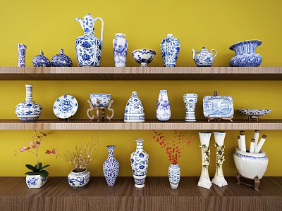Various Decorative Blue and White Ceramic Wares Displayed on Wooden Shelves with Yellow Background 3d model