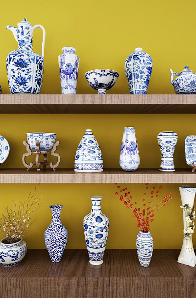 Various Decorative Blue and White Ceramic Wares Displayed on Wooden Shelves with Yellow Background 3d model