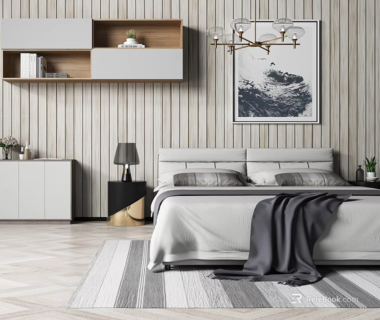 Modern Bedroom Double Bed with Wooden Slat Walls Artwork Nightstand Lamp White Cabinet and Rug 3d model 