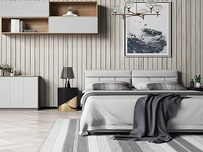 Modern Bedroom Double Bed with Wooden Slat Walls Artwork Nightstand Lamp White Cabinet and Rug 3d model