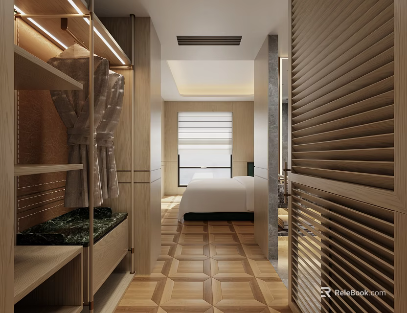 Modern Hotel Room Interior With Geometric Wooden Flooring White Bed And Robe 3d model 