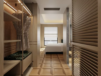 Modern Hotel Room Interior With Geometric Wooden Flooring White Bed And Robe 3d model