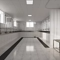 Modern Bright Public Restroom With Multiple Cubicles Stainless Steel Sinks And Tiled Walls