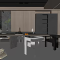 Modern Restaurant Interior Featuring Wooden Cabinets Gray Storage Dining Table Chairs Fireplace and Cactus
