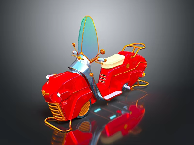 Unique Red Motorcycle With Yellow Accents Green Windshield And Gray Background Reflection 3d model