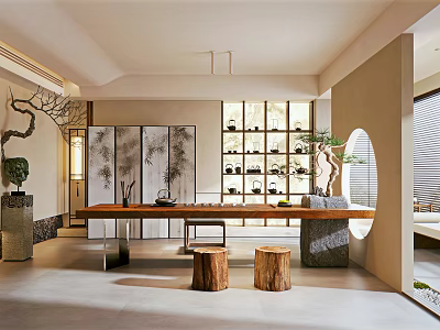 Traditional Tea Room Interior With Long Wooden Table Tea Sets Bamboo Screens And Circular Arch 3d model