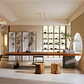 Traditional Tea Room Interior With Long Wooden Table Tea Sets Bamboo Screens And Circular Arch