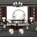 Elegant Living Room Interior With Circular Wall Art Display Shelves Sofa And Table Lamp