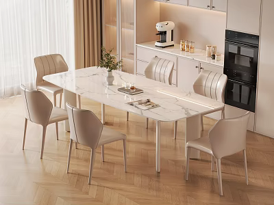 Modern Restaurant With White Marble Dining Table Light Toned Chairs Open Kitchen Coffee Machine And Oven 3d model
