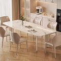 Modern Restaurant With White Marble Dining Table Light Toned Chairs Open Kitchen Coffee Machine And Oven
