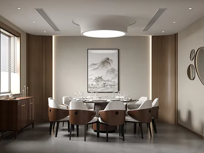 Private Dining Room With Round Table Chairs And Chinese Painting 3d model