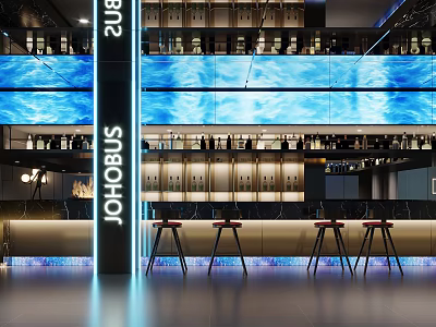 Modern Hotel Lobby With Blue LED Screens Bar Counter High Stools And Ambient Lighting 3d model