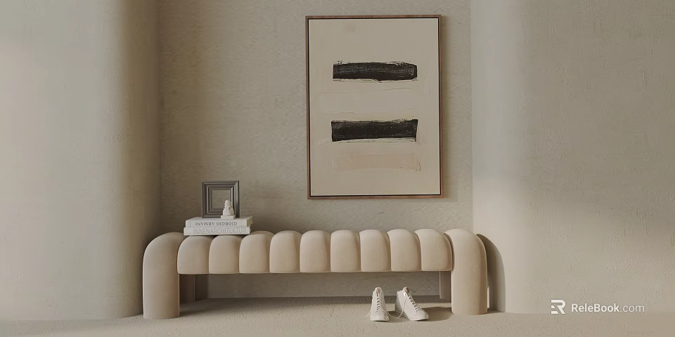 Beige Curved Ribbed Sofa Bench With Photo Frame Books And Abstract Painting In Minimalist Interior 3d model 