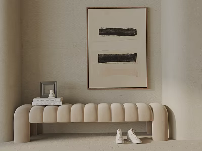 Beige Curved Ribbed Sofa Bench With Photo Frame Books And Abstract Painting In Minimalist Interior 3d model