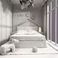 Kids Room With Blue Headboard Yellow Pillows Checkered Quilt Hello Banner Star Decorations City View