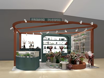 Corner Flower Shop Interior With Fresh Flowers Green Plants Display Shelves And Counter 3d model