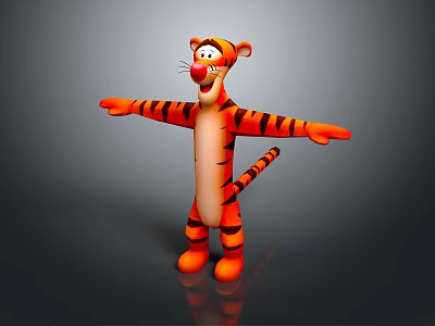 Cartoon Tiger 3D Model with Orange Black Stripes White Belly Open Arms Standing Pose 3d model