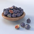 Fresh Purple Figs in Wooden Bowl with Halved Ones and Seeds on White Background
