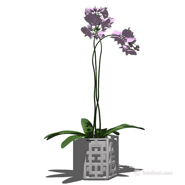 Purple Orchid Bonsai Potted Plant With Green Leaves And White Grid Patterned Pot 3d model 