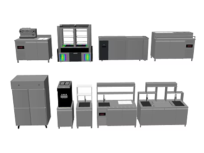 Commercial Kitchen Appliances Collection Featuring Refrigerators Display Cabinets Worktables Freezers And Prep Stations 3d model