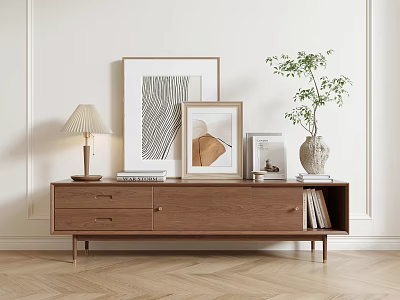 Modern Walnut TV Stand Featuring Table Lamp Framed Art Vase Plant And Books 3d model