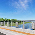Garden Landscape Design With River Bridge Green Grass And Trees Under Blue Sky