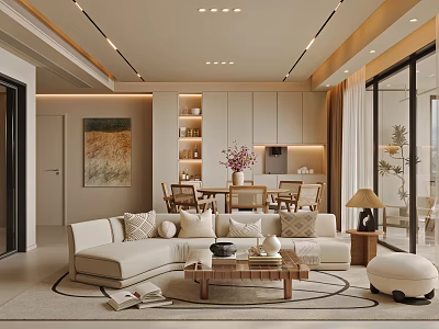 Modern Living Room Interior With Beige Sofa Wooden Coffee Table Decorative Painting And Recessed Lighting 3d model