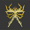 Elaborate Golden Mythic Armor Figure With Yellow Wing Appendages And Reflective Display Base