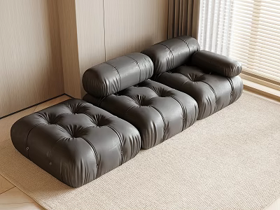 Black Leather Sectional Sofa with Square Tufted Seats in Modern Living Room on Light Carpet 3d model