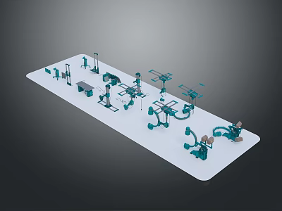 Different Types Of Equipment 3D Models Placed On White Platform With Dark Background 3d model