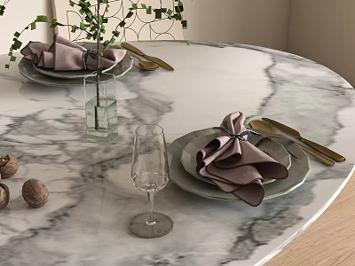 Elegant Dinnerware Set With Purple Napkins Golden Cutlery On Marble Tabletop 3d model