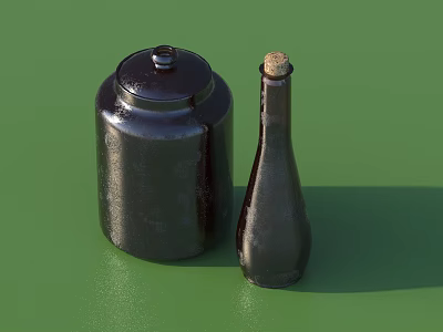 Black Decorative Ornament Set With Jar Lid And Cork Stopper Bottle On Green 3d model
