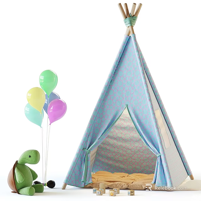 Blue Patterned Teepee Kids Bed With Colorful Balloons And Green Toy Turtle 3d model 