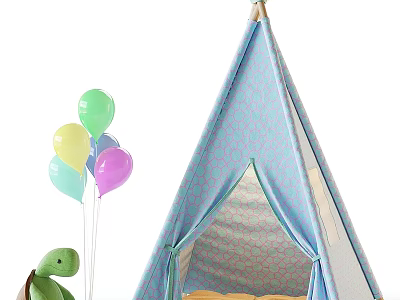 Blue Patterned Teepee Kids Bed With Colorful Balloons And Green Toy Turtle 3d model
