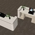 Modern White Stone Bar Counter With Laptop Potted Plants And Wooden Cabinets