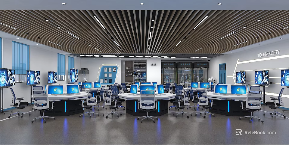 Modern Monitoring Room Interior With Multiple Computer Monitors Workstations And Blue Lighting 3d model 