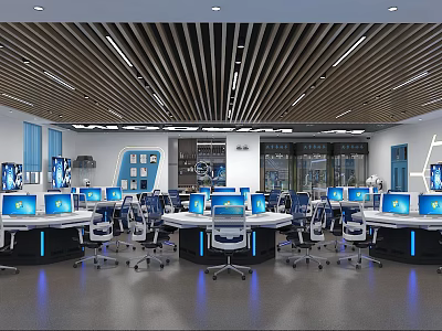 Modern Monitoring Room Interior With Multiple Computer Monitors Workstations And Blue Lighting 3d model