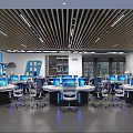 Modern Monitoring Room Interior With Multiple Computer Monitors Workstations And Blue Lighting