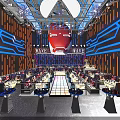 Futuristic Modern Bar Interior With Neon Lights Blue Orange Lighting And Stage Seating