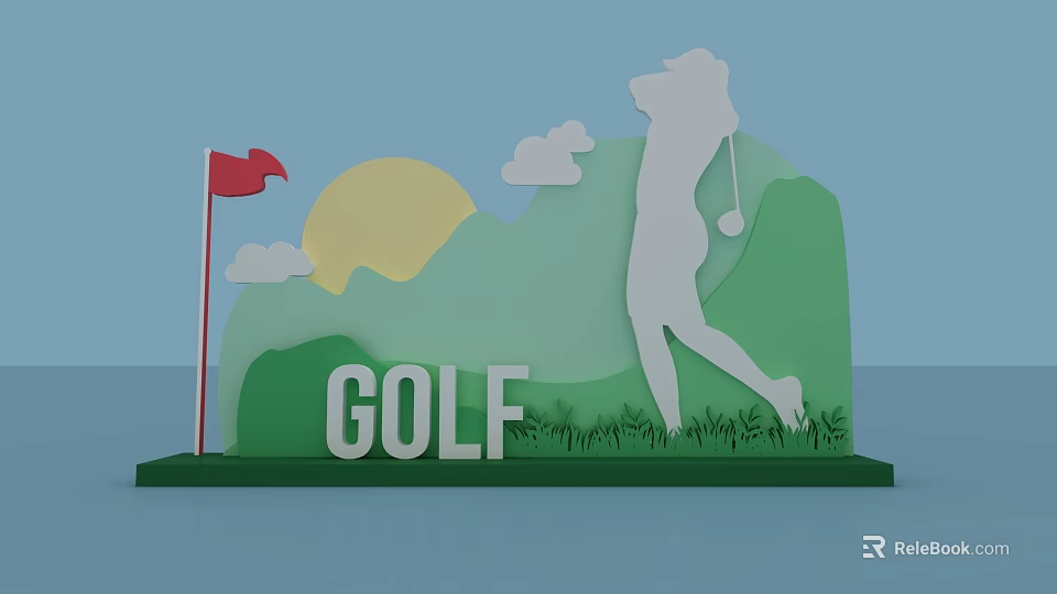 Golf Themed Photo Spot With Golfer Swinging Red Flag Sun Clouds Green Hills And Grass 3d model 