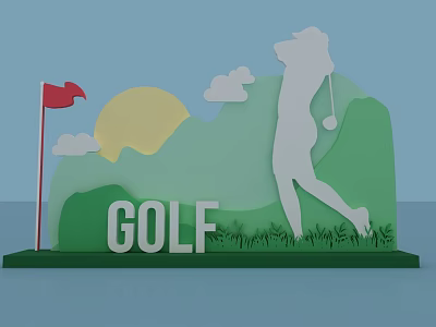 Golf Themed Photo Spot With Golfer Swinging Red Flag Sun Clouds Green Hills And Grass 3d model
