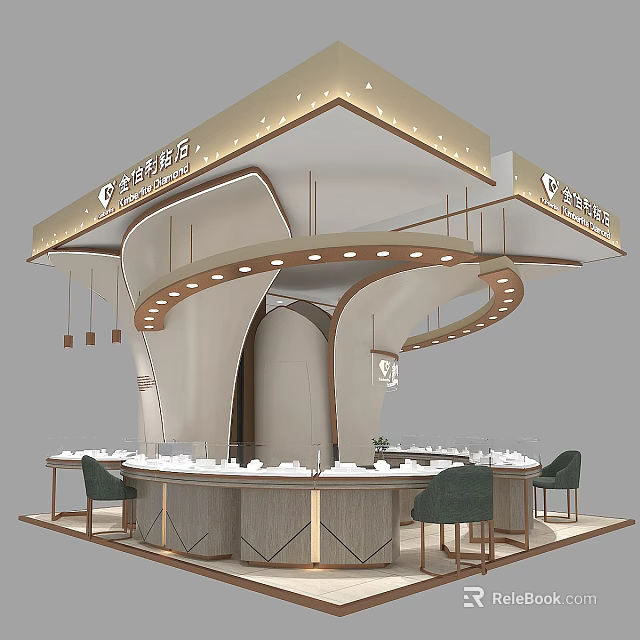 Luxury Modern Jewelry Store Interior With Curved Display Counters And Elegant Lighting 3d model 