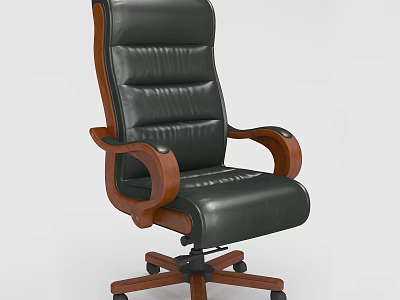 Office Chair With Black Leather Upholstery Wooden Armrests And Swivel Wheels 3d model