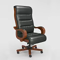 Office Chair With Black Leather Upholstery Wooden Armrests And Swivel Wheels
