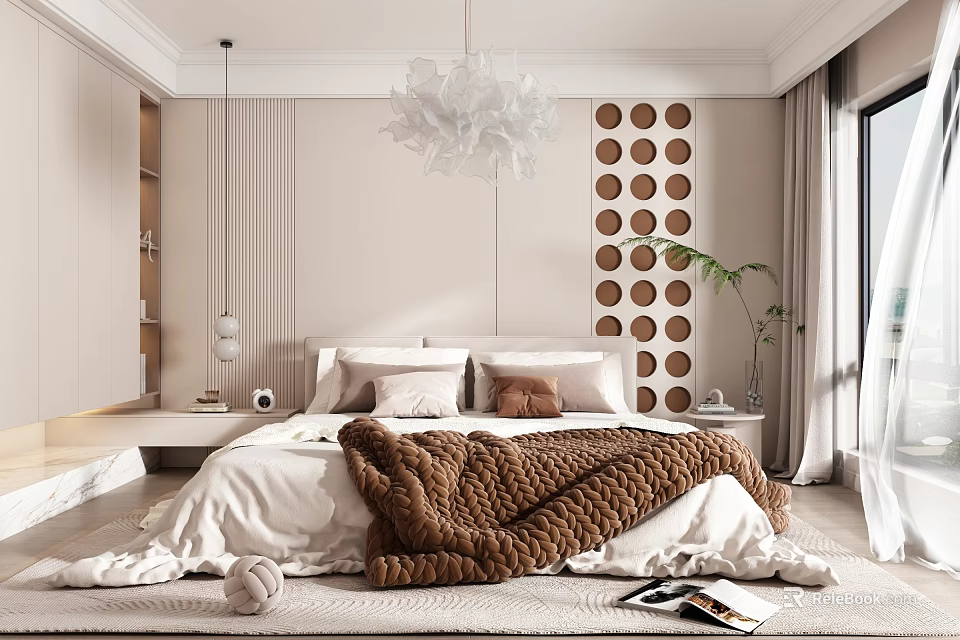 Modern Bedroom Interior Design With Beige Walls Circular Pattern Bed Brown Blanket And White Sheets 3d model 