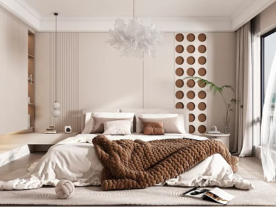 Modern Bedroom Interior Design With Beige Walls Circular Pattern Bed Brown Blanket And White Sheets 3d model