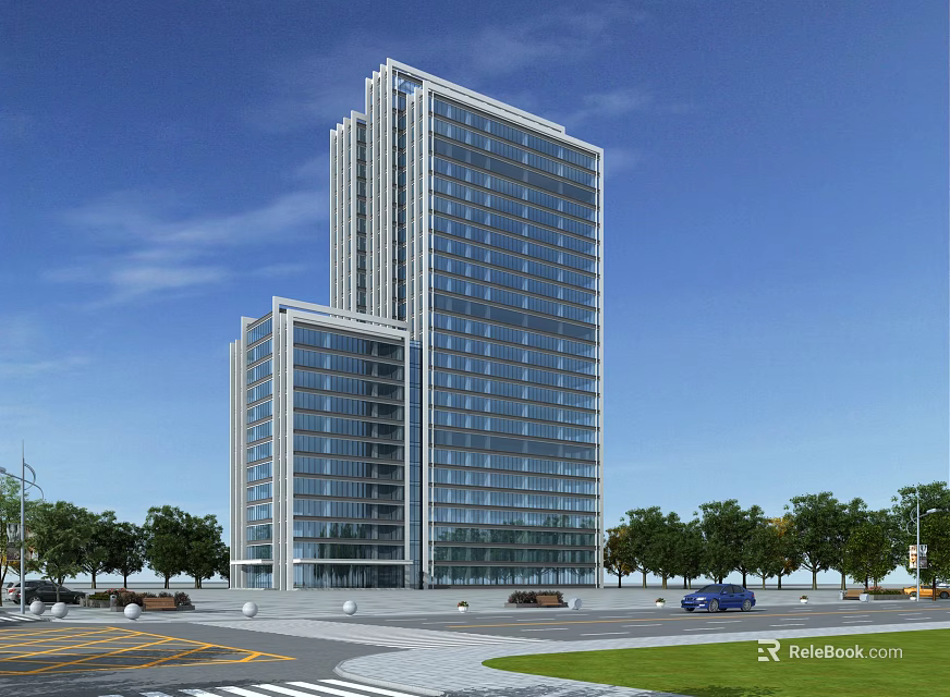 Tall Modern Office Building With Glass Facade Landscaped Surroundings And Parking Under Blue Sky 3d model 